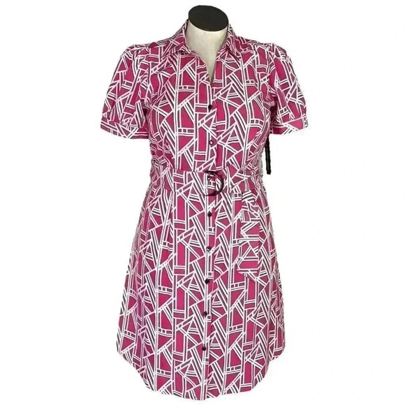 Karl Lagerfeld Dresses & Skirts - Karl Lagerfeld Logo Print Shirtdress Women 10 Pink Button Front Short Sleeve NEW